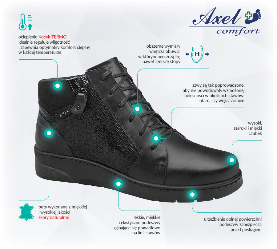 Buty AXEL Comfort 1765 H Czarne+Lakier CzarnyGN Zalety