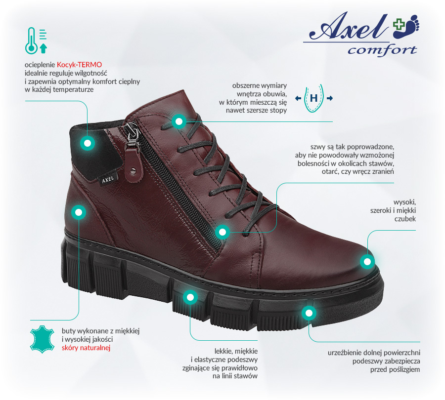 Buty AXEL Comfort 4481 H Rubin+Lakier RubinGN Zalety