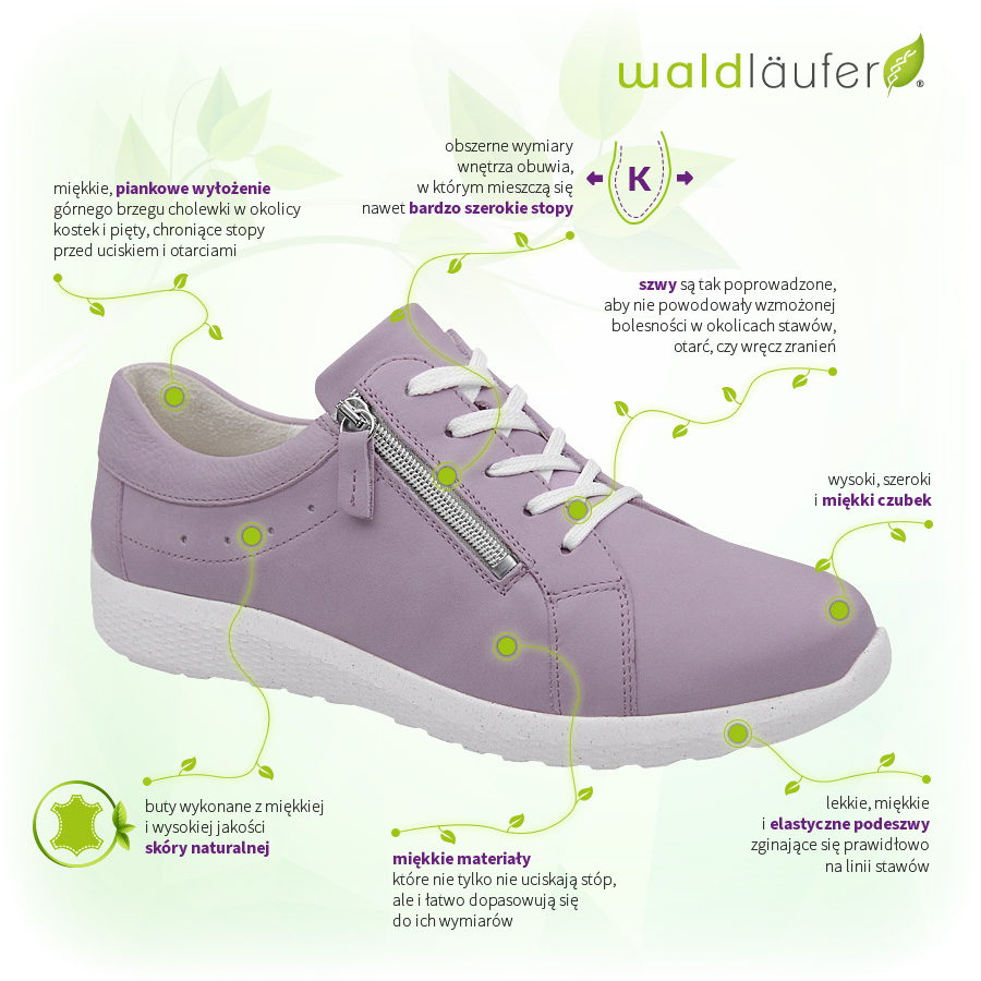 Sneakersy Waldlaufer 634001 309 235-Fileder Lavender K Ira-Soft Liliowe Lawendowe Zalety